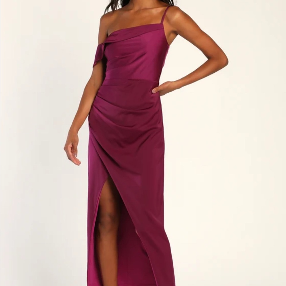 Lulus Showing Off a Little Magenta Asymmetrical Tulip Midi Dress
